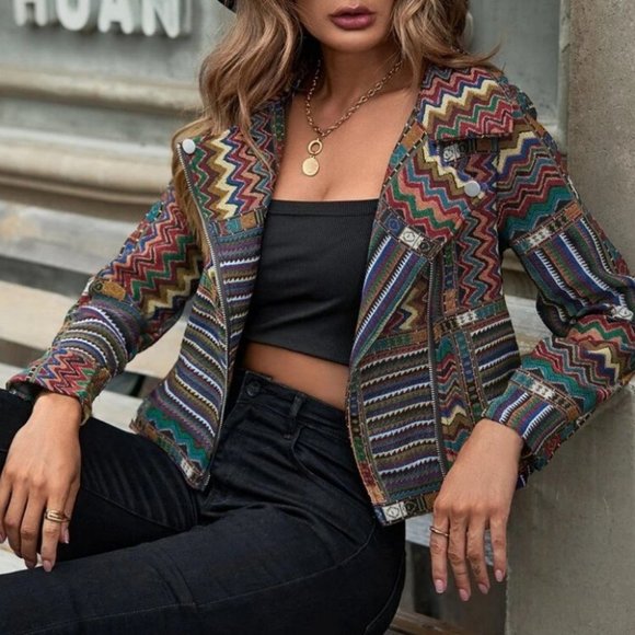 Boho Tribal Lapel Neck zip up front textured biker Jacket coat - Picture 3 of 7